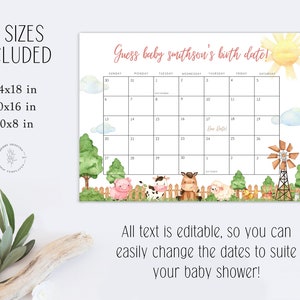 May include: Printable baby shower game featuring a watercolor calendar with farm animals. The calendar is titled "Guess baby Smithson's birth date!" and includes the days of the week and dates. The calendar is surrounded by watercolor illustrations of a pig, cow, horse, sheep, and a windmill.
