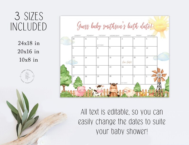May include: Printable baby shower game featuring a watercolor calendar with farm animals. The calendar is titled "Guess baby Smithson's birth date!" and includes the days of the week and dates. The calendar is surrounded by watercolor illustrations of a pig, cow, horse, sheep, and a windmill.