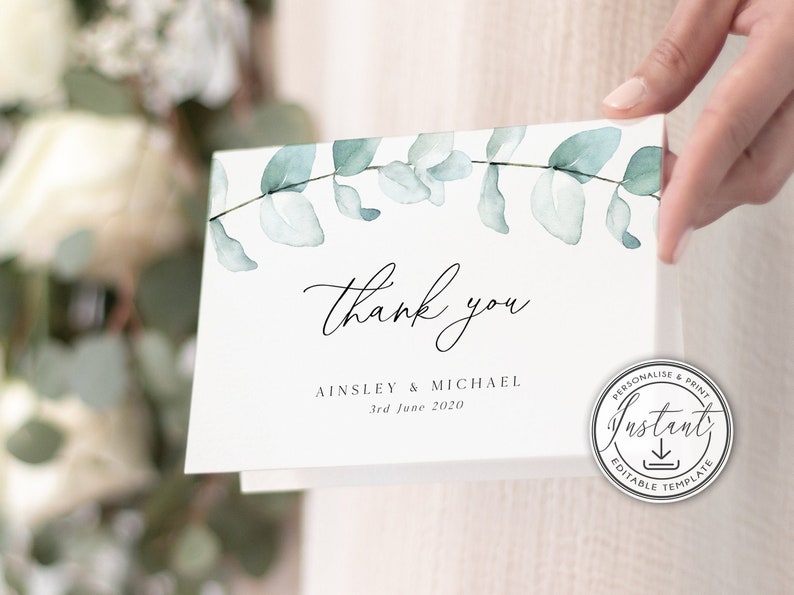 Rustic Wedding Thank You Notes Eucalyptus Wedding Thank You Folded Card Editable Template Watercolor Greenery Printable Cards Boho- BD94