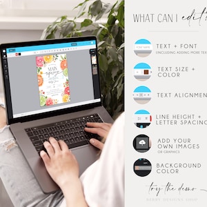 K&ouml;nnte beinhalten: Ein Laptop-Computer zeigt eine digitale Designvorlage f&uuml;r eine Einladung zu einer Party zum Thema Zitrusfr&uuml;chte. Das Design zeigt eine Aquarell-Illustration von Zitronen, Limetten und Orangen mit dem Text "MAIN SQUEEZE". Das Bild zeigt eine Person, die einen Computer verwendet, um das Design zu bearbeiten. Der Text auf der rechten Seite des Bildes listet die bearbeitbaren Funktionen des Designs auf, darunter Text, Schriftart, Gr&ouml;&szlig;e, Farbe, Ausrichtung, Zeilenh&ouml;he, Buchstabenabstand, Hintergrundfarbe und die M&ouml;glichkeit, Bilder hinzuzuf&uuml;gen.