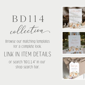 Pode incluir: Uma cole&ccedil;&atilde;o de modelos de papelaria com tema de outono, incluindo convites, placas de boas-vindas e etiquetas de agradecimento. Os designs apresentam ab&oacute;boras e elementos florais. O texto inclui "BD114 collection" e instru&ccedil;&otilde;es.