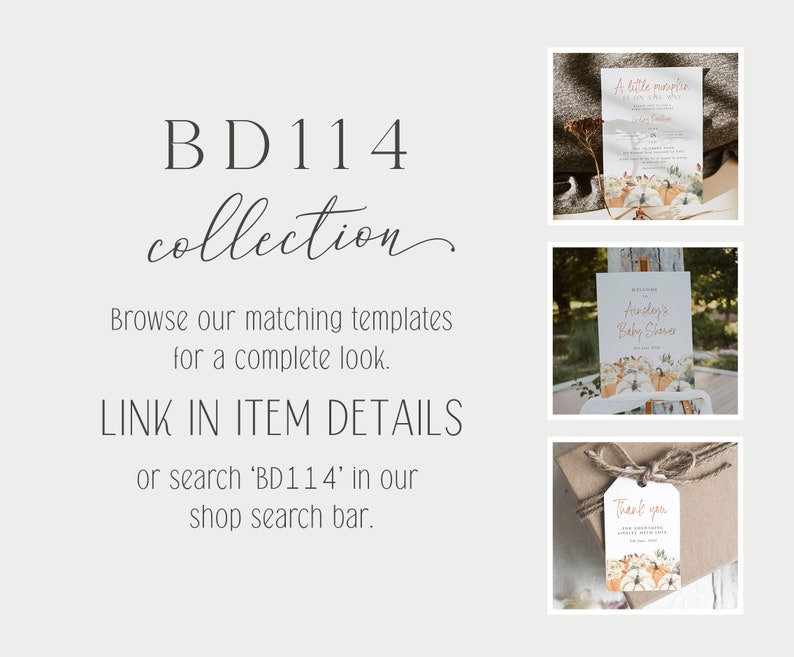 Pode incluir: Uma cole&ccedil;&atilde;o de modelos de papelaria com tema de outono, incluindo convites, placas de boas-vindas e etiquetas de agradecimento. Os designs apresentam ab&oacute;boras e elementos florais. O texto inclui "BD114 collection" e instru&ccedil;&otilde;es.
