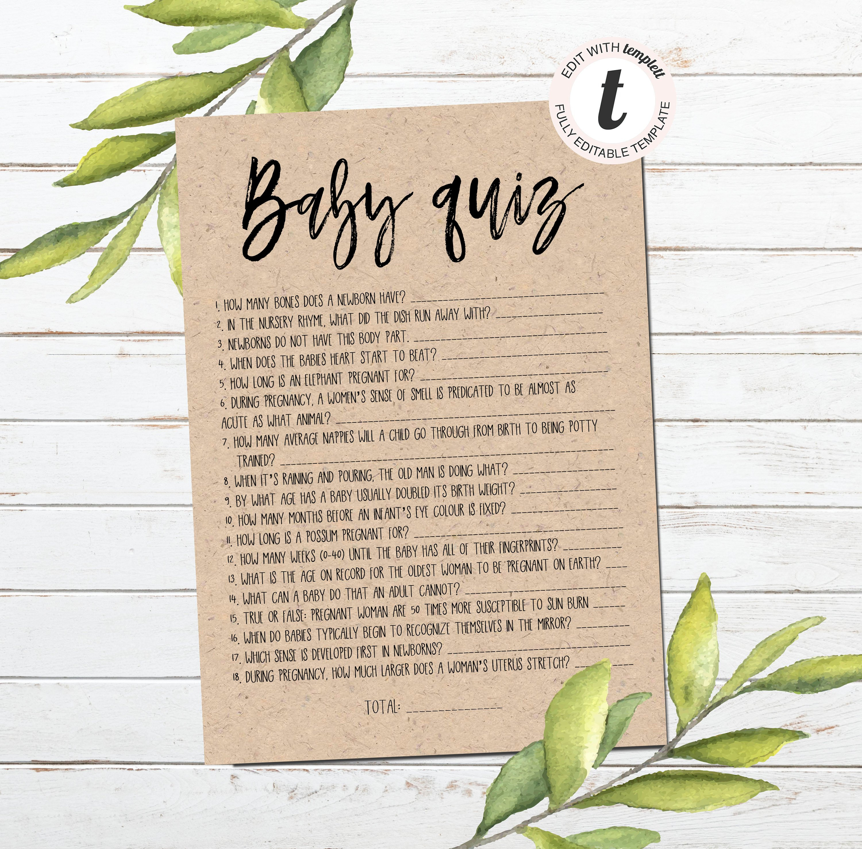 Baby &amp; Pregnancy Quiz Editable Template Shower Game Kraft | Etsy