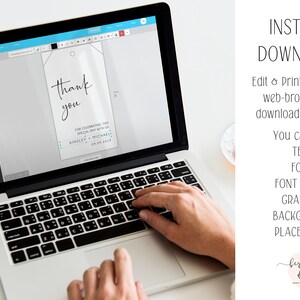 May include: A laptop screen displaying a thank you tag template with the text "Thank you" and "For celebrating this special day with us Ainsley & Michael 09.09.2019". The text is in a simple black font on a white background. The image is a mockup of a digital design template.