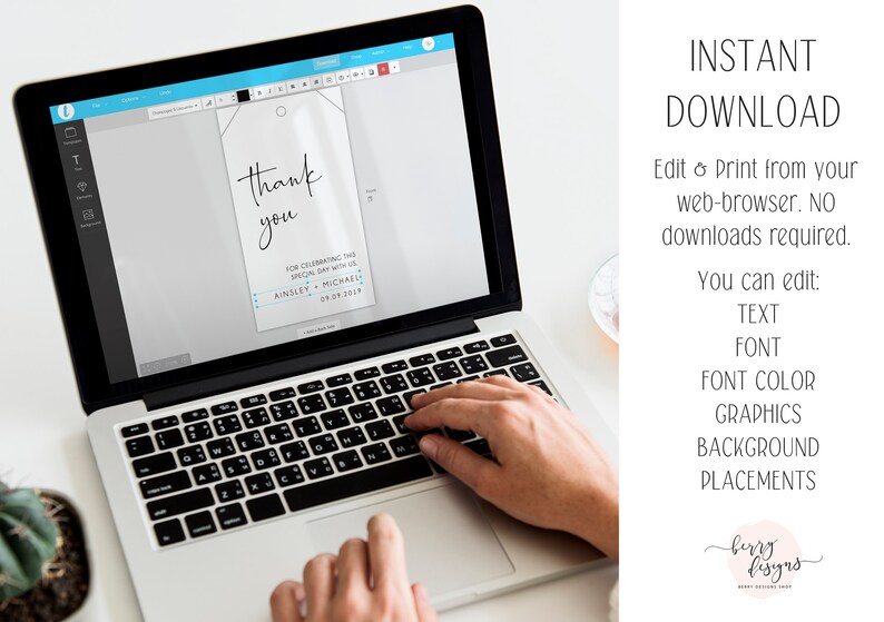 May include: A laptop screen displaying a thank you tag template with the text "Thank you" and "For celebrating this special day with us Ainsley & Michael 09.09.2019". The text is in a simple black font on a white background. The image is a mockup of a digital design template.