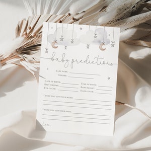 Maan en sterren baby voorspellingen kaartsjabloon, Twinkle Twinkle Little Star babyshower, minimalistische babyshowergames, afdrukbaar spel, BD166