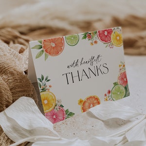 Tarjeta de agradecimiento editable con cítricos, nota de agradecimiento floral con cítricos, tarjeta de agradecimiento imprimible para una despedida de soltera con cítricos, despedida de soltera Main Squeeze, BD204