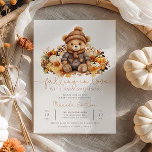 Falling in Love Baby Shower Editable Invitation, Fall Teddy Bear Baby Shower Invite, Autumn Floral Baby Shower Evite, Printable Invite BD192