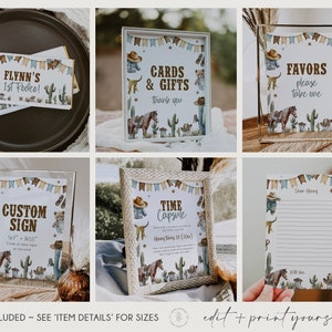 May include: Printable signs for a rodeo themed party. The signs include "Flynn's 1st Rodeo!", "Cards & Gifts", "Favors Please Take One", "Custom Sign", "Time Capsule", and a blank sign for a guest book. The signs feature a western theme with cacti, cowboy hats, and horses.