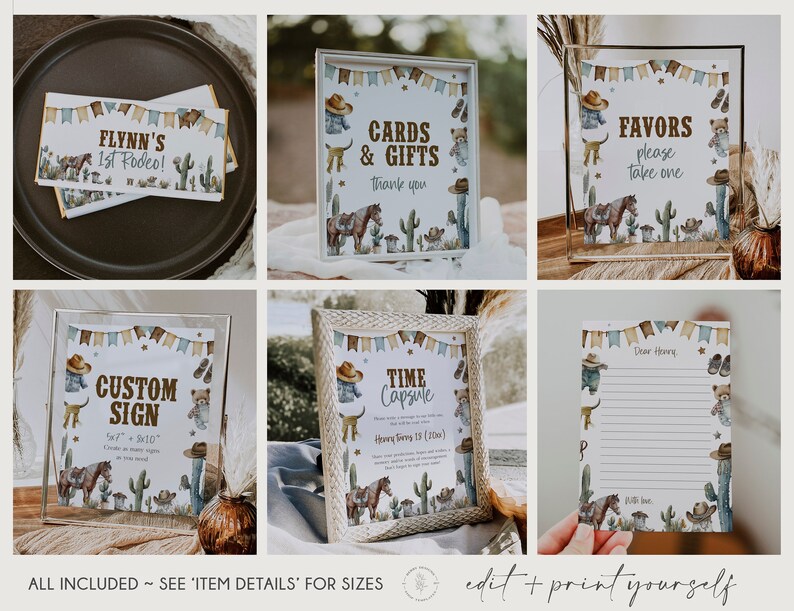 May include: Printable signs for a rodeo themed party. The signs include "Flynn's 1st Rodeo!", "Cards & Gifts", "Favors Please Take One", "Custom Sign", "Time Capsule", and a blank sign for a guest book. The signs feature a western theme with cacti, cowboy hats, and horses.