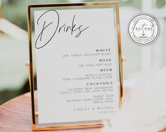 Letrero minimalista para bodas con bebidas, menú de bar, señalización moderna para bodas, descarga instantánea, imprimible, plantilla editable, minimalista - BD108
