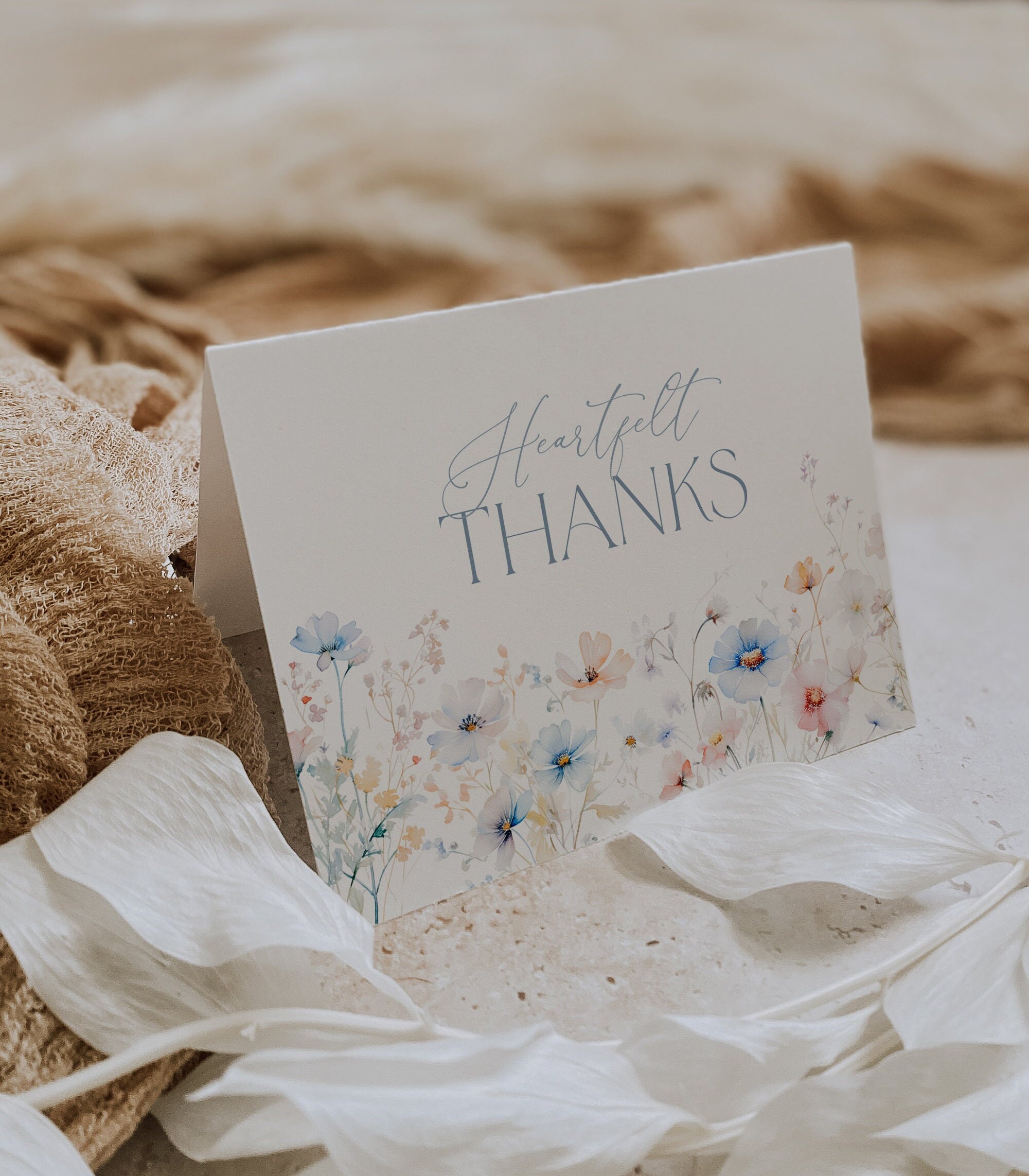 Blue Wildflower Thank You Card Template, Dusty Blue Watercolor Floral ...