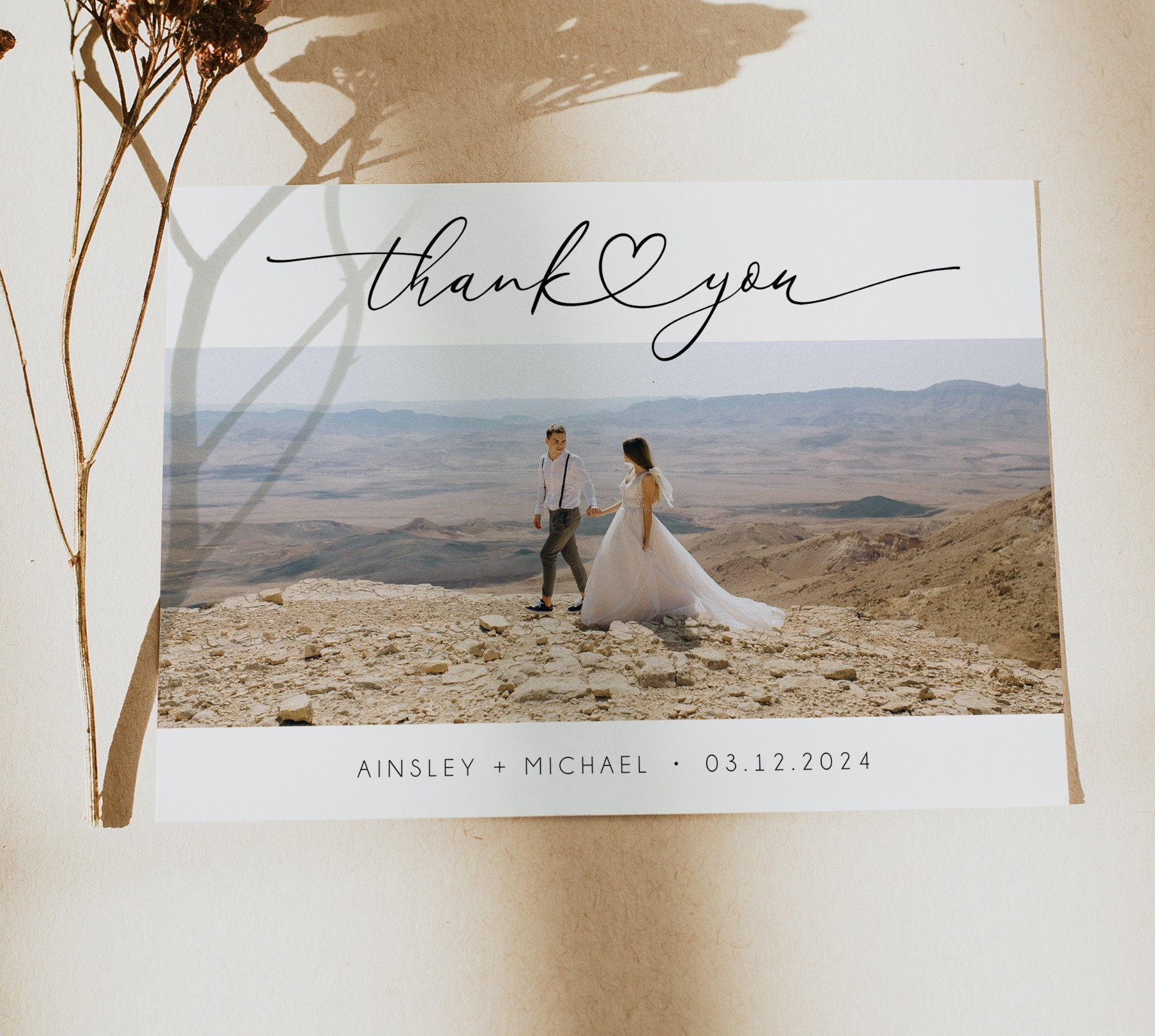 Minimalist Wedding Thank You Card With Photo, Printable Thank You Card ...