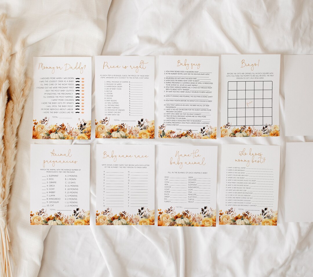 8 Baby Shower Games Editable Templates, Pumpkin Baby Shower Activities ...