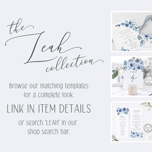 Puede incluir: Una colecci&oacute;n de papeler&iacute;a de boda con un dise&ntilde;o de acuarela con flores azules y vegetaci&oacute;n. La colecci&oacute;n incluye una invitaci&oacute;n, un n&uacute;mero de mesa y un men&uacute;. El texto en el n&uacute;mero de mesa dice "Mesa 4".