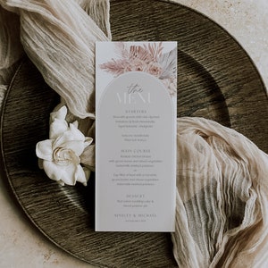 Boho boog bruiloft menu bewerkbare sjabloon, beige en blush bloemen trouwmenu, instant download, afdrukbaar menu, waaierpalmen, boho bloemen, BD145