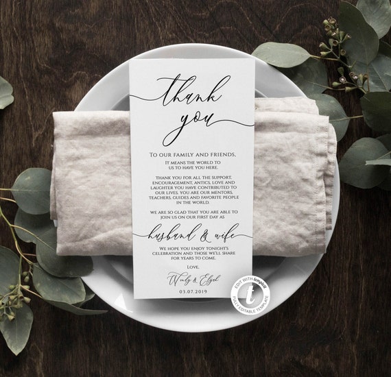 Wedding Thank You Note Template Rustic Wedding Place Setting Etsy