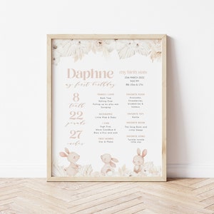 May include: A pink and white floral illustrated poster with the name Daphne and details about her first birthday. The poster includes information like her age, weight, height, favorite foods, and activities. The poster features a cute bunny illustration.