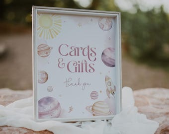 Pastel Pink Space Cards & Gifts Printable Sign, Pink Outerspace Birthday Party Decor, Girls 1st Birthday Printable Sign, Space Theme, BD217