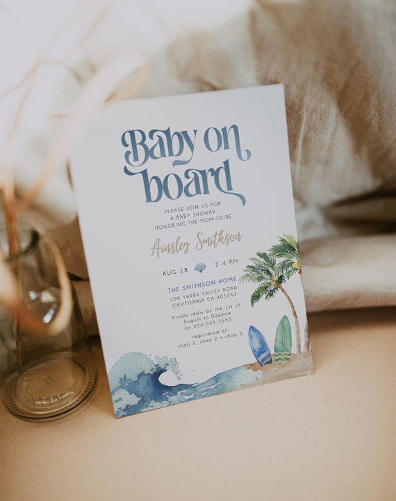Baby on Board Invitation Template Surf Beach Baby Shower Editable