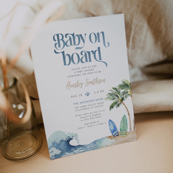 Modèle d'Invitation bébé à bord, Surf Beach Baby Shower Invitation modifiable, Summer Baby Shower, Invitation imprimable, Shower Evite, BD160