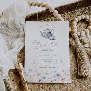 Dusty Blue Tea Party Bridal Shower Invitation, Blue Wildflower Tea Party Editable Invite, Modern Floral Tea for the Bride-to-be, BD205 image 8