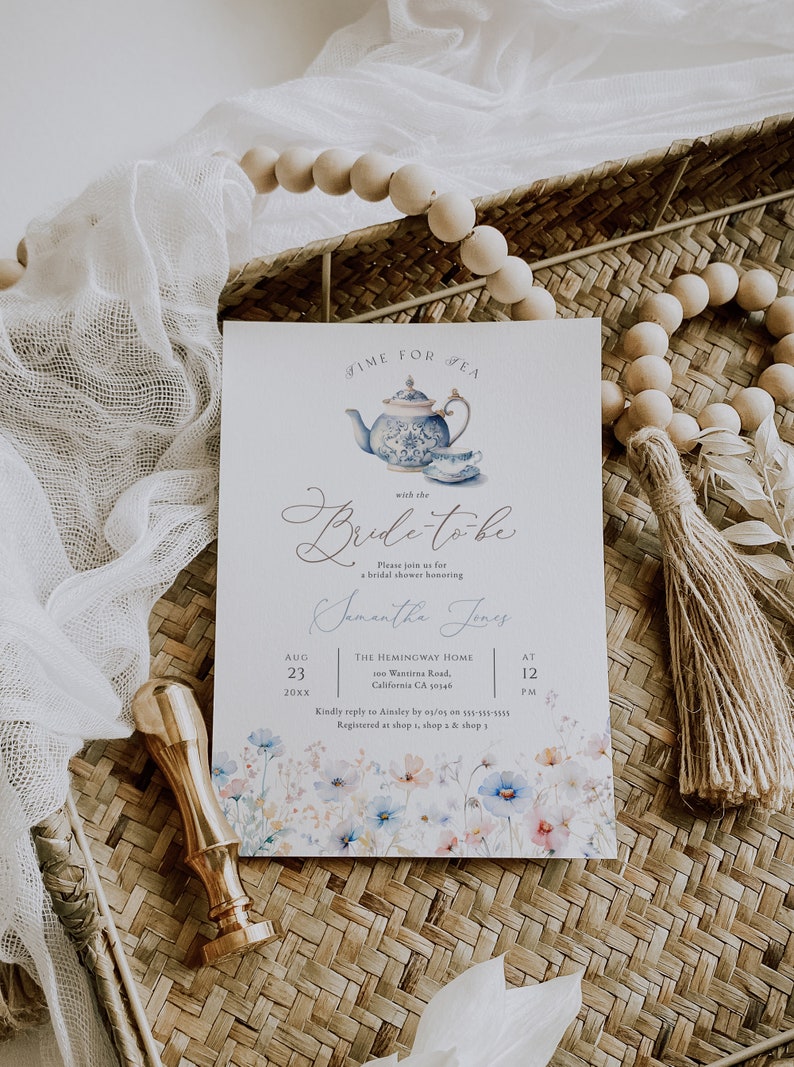 Dusty Blue Tea Party Bridal Shower Invitation, Blue Wildflower Tea Party Editable Invite, Modern Floral Tea for the Bride-to-be, BD205 image 8