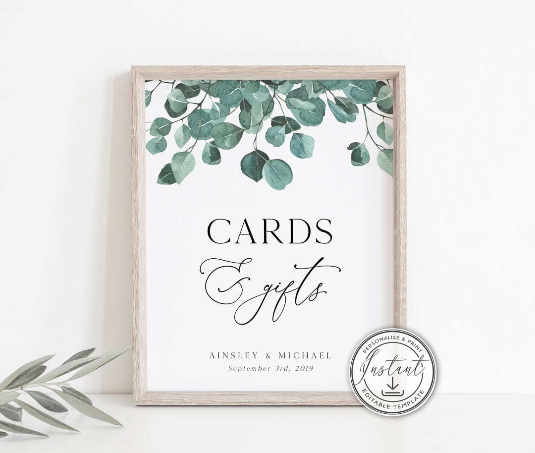 Greenery Cards &amp; Gifts Sign Template, Wedding Editable Sign, Eucalyptus ...