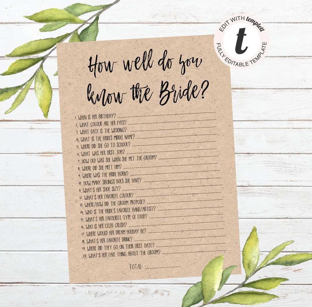How Well Do You Know the Bride Quiz Questionnaire, Editable Template