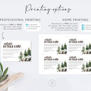 May include: Printable editable details card template featuring a watercolour illustration of a woodland scene. The card has a brown text box with the words "editable details card" in white. The template is available in PDF format and can be printed at home or professionally.