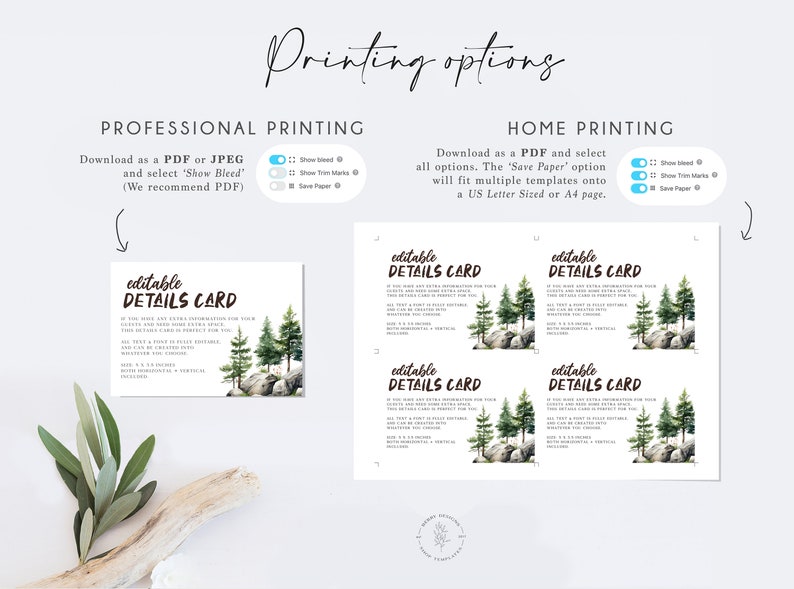 May include: Printable editable details card template featuring a watercolour illustration of a woodland scene. The card has a brown text box with the words "editable details card" in white. The template is available in PDF format and can be printed at home or professionally.