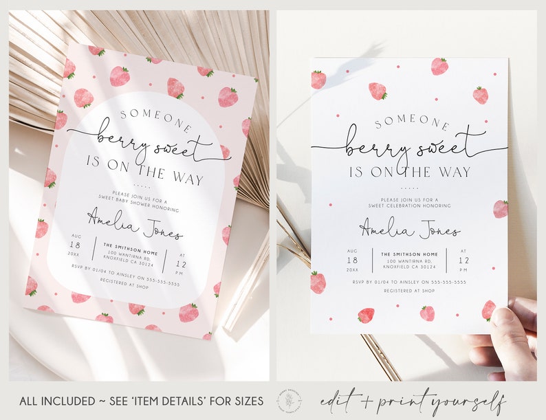 Strawberry Baby Shower Invitation Suite, Berry Sweet Baby on the Way Invitation Large Bundle, Berry Sweet Invite, Printable Invite, BD171 image 2