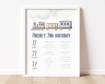 Train Milestone Birthday Poster, Boys Train 2nd Birthday Stats Board, Train Themed Second Birthday Sign Printable Milestone Poster, BD170