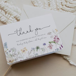 Modelo de cartão de agradecimento com flores silvestres, cartão de agradecimento de aniversário com flores silvestres, cartão de agradecimento com chá de panela Boho com flores da primavera, para impressão, BD172