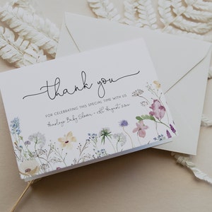 Wildflower Thank You Card Template, Wildflower Birthday Thank You Card, Spring Flowers Bohemian Shower Thank You Card, Printable, BD172 image 1