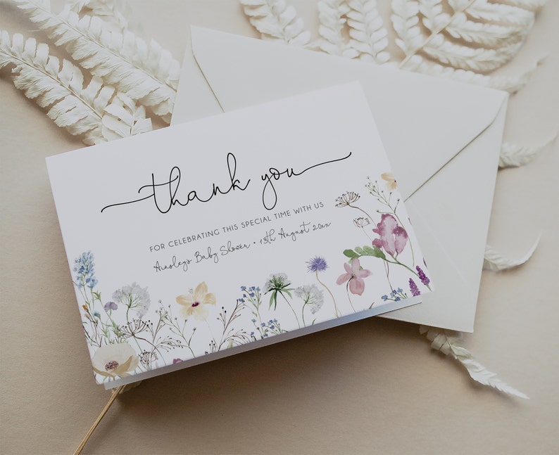 Wildflower Thank You Card Template, Wildflower Birthday Thank You Card, Spring Flowers Bohemian Shower Thank You Card, Printable, BD172 image 1