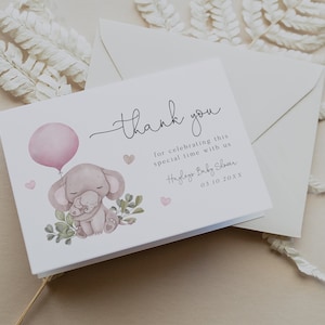 Rosa Elefant Dankeskarte, rosa Ballon Elefant Danke, Mädchen Elefant & Ballon Karte, bearbeitbare Vorlage, druckbares Dankeschön, BD179