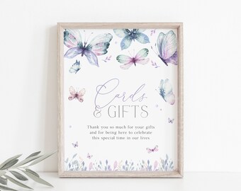 Butterfly Cards & Gifts Sign, Editable Baby Shower Sign, Girl Baby Shower, Purple,  Instant Download, Printable Sign, Butterflies, BD120