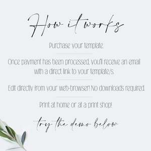 Puede incluir: Un fondo blanco con texto negro que explica c&oacute;mo comprar y editar una plantilla digital. El texto dice "How it works", "Purchase your template", "Once payment has been processed, you'll receive an email with a direct link to your template/s", "Edit directly from your web-browser! No downloads required", "Print at home or at a print shop!" y "try the demo below".