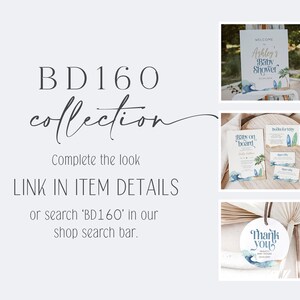 May include: A collection of baby shower decorations with a beach theme. The decorations include a welcome sign, invitations, and a thank you tag. The welcome sign says "Welcome to Ashley's Baby Shower". The invitations say "Baby on Board". The thank you tag says "Thank You".