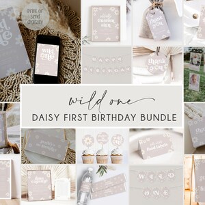 May include: A printable set of daisy-themed first birthday party decorations in shades of grey and white. The set includes a banner, cupcake toppers, food labels, thank you cards, and more. The text "Wild One" is featured throughout the set.