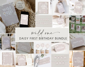 May include: A printable set of daisy-themed first birthday party decorations in shades of gray and white. The set includes a banner, cupcake toppers, food labels, thank you cards, and more. The text "Wild One" is featured throughout the set.