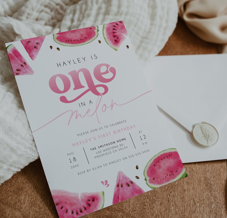 One in A Melon Birthday Invitation, Watermelon Editable Invitation ...