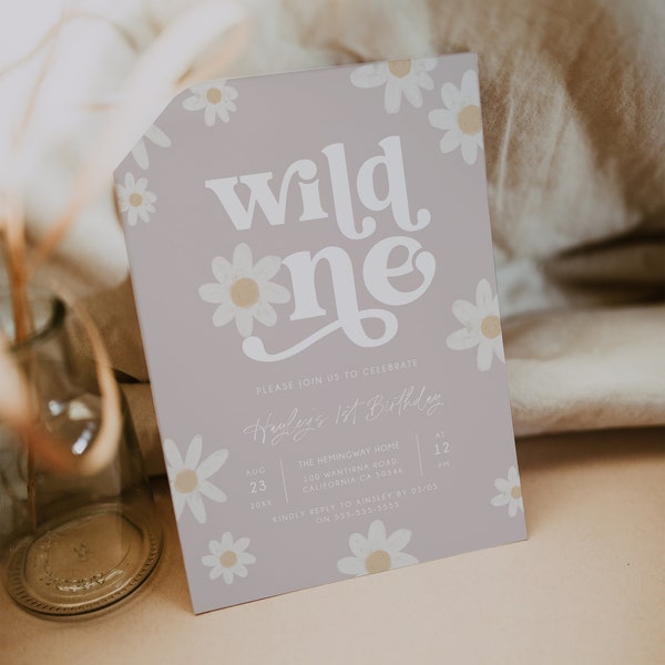 Daisy First Birthday Invitation, Wild One Floral Birthday Invite, Bohemian Daisy Birthday Invite, Boho Floral Girl's Birthday Evite, BD173