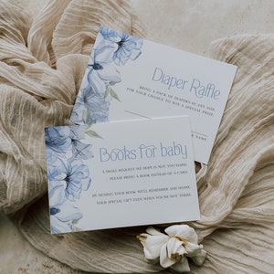 Dusty Blue Books for Baby & Diaper Raffle Card Inserts Template, Blue Floral Baby Shower, Boho Baby Invitation, Printable Invite, BD153