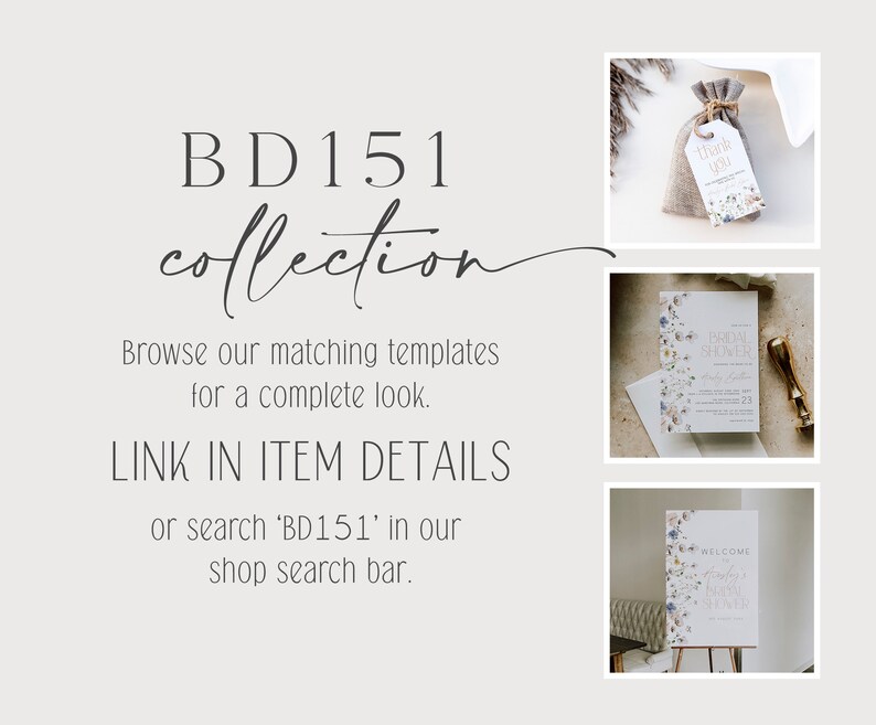 May include: A collection of printable bridal shower templates with a floral design. The collection includes a welcome sign, invitation, and favor tag. The text on the invitation reads "Bridal Shower" and the text on the welcome sign reads "Welcome to [Name]'s Bridal Shower".