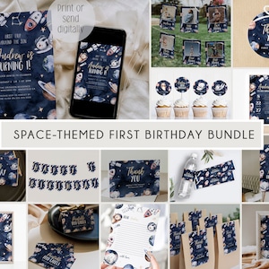 First Trip Around The Sun Birthday Editable Invitation Bundle, Printable Space Invitation 1st Birthday, Space First Birthday Decor, BD127