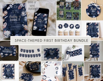 First Trip Around The Sun Birthday Editable Invitation Bundle, Printable Space Invitation 1st Birthday, Space First Birthday Decor, BD127