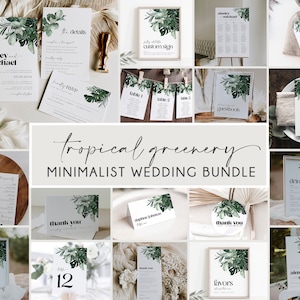 May include: A tropical greenery wedding invitation suite with minimalist design. The suite includes a save the date card, invitation, RSVP card, details card, table number card, menu card, drinks card, thank you card, and a welcome sign. The cards feature a green and white color scheme with tropical leaves and a simple font.