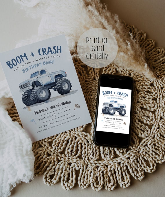 Editable Monster Truck Birthday Invitation, Monster Truck Invite, Blue Monster Truck Party Invite, Boys Birthday Party Invite, Evite, BD199